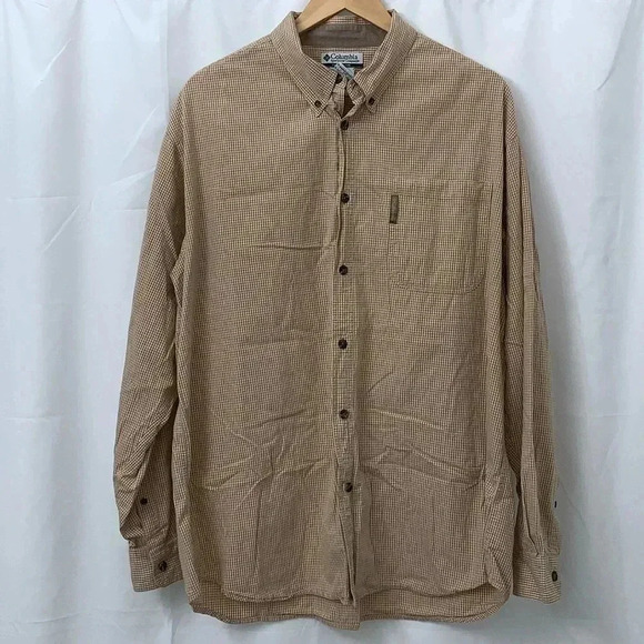 Men’s Columbia Button Down Long Sleeve Plaid Shirt Tan & White Size XL EUC - Picture 1 of 8
